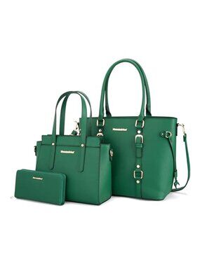 Green Tote Bag Set Women 3PC PU Leather Shoulder Satchel Handbag Wallet Purse